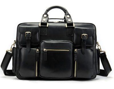 Портфель чоловічий шкіряний з великою кількістю кишень Чорний Vintage 14756 фото