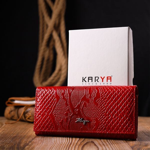 Лакированный горизонтальный кошелек из натуральной кожи с тиснением под змею KARYA 21167 Красный 21167 фото