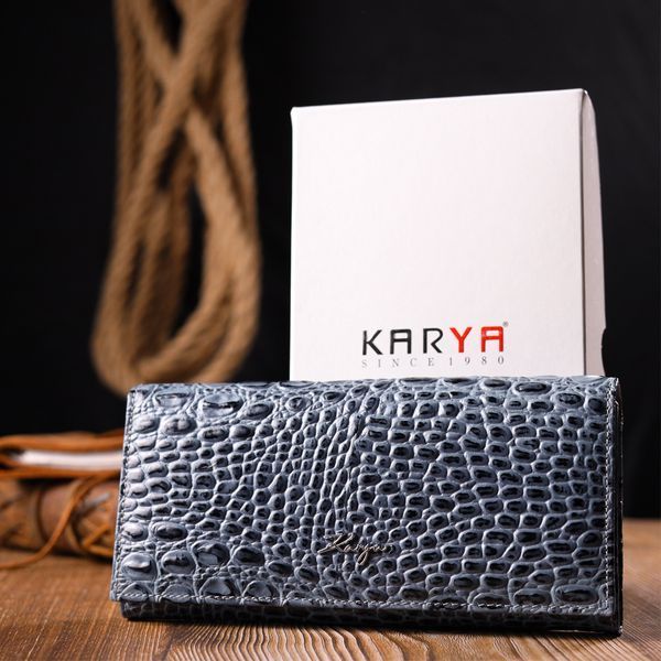 Функциональный горизонтальный кошелек из натуральной кожи с тиснением под крокодила KARYA 21169 Серый 21169 фото