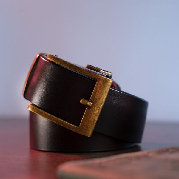 Genuine leather belt with retro brass buckle Vintage 20215 Black 20215 фото