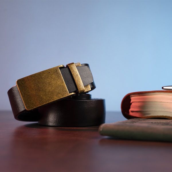 Genuine leather belt with retro brass automatic buckle Vintage 20219 Black 20219 фото