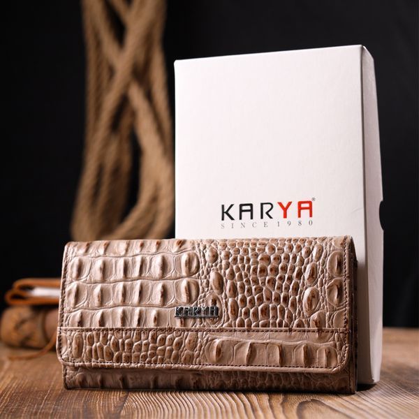 Стильный горизонтальный кошелек из натуральной кожи с тиснением под крокодила KARYA 21177 Бежевый 21177 фото