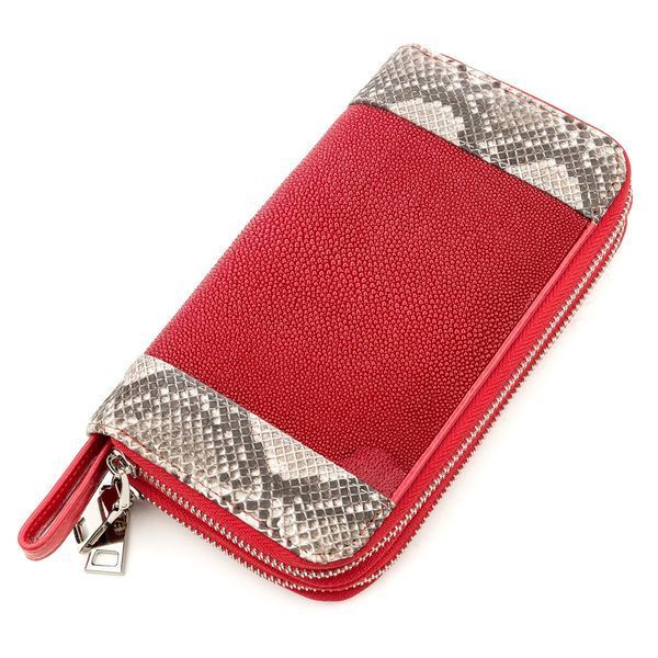 Women's clutch wallet STINGRAY LEATHER 18522 made of genuine stingray leather with python skin inserts Red 18522 фото