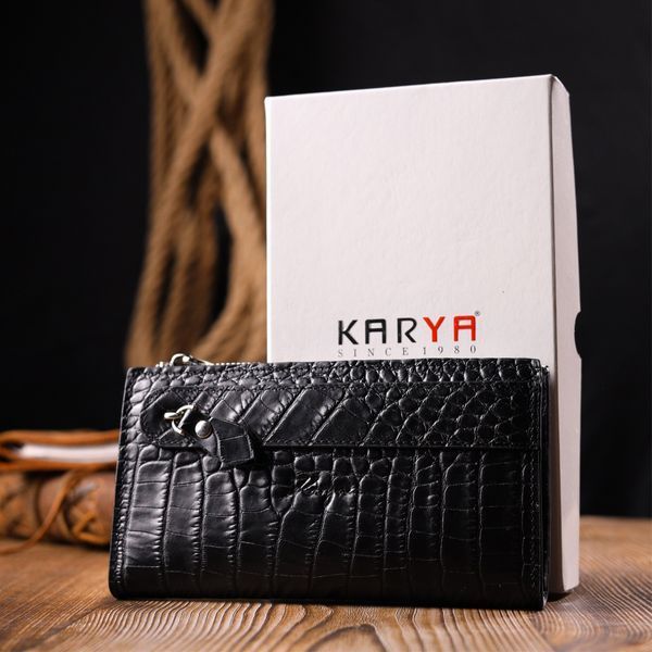 Оригинальный складной бумажник из натуральной кожи с тиснением под крокодила KARYA 21128 Чорний 21128 фото