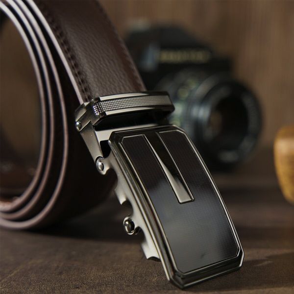 Ремінь чоловічий тонкий c пряжкою автомат і коричневою заливкою Vintage 20308 Коричневий 20308 фото
