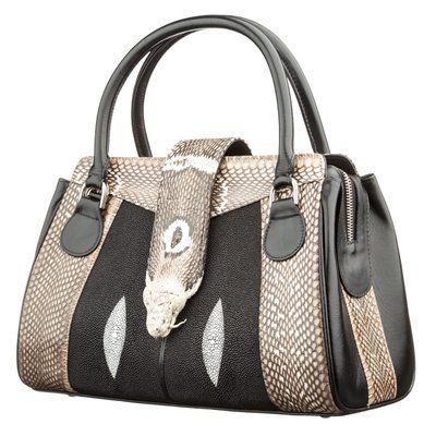 Сумка жіноча STINGRAY LEATHER 18502 з натуральної шкіри морського скату зі вставками з шкіри пітона Чорна 18502 фото