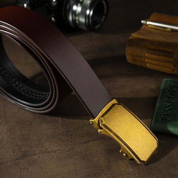 Men's belt with brass angular buckle Vintage 20276 Brown 20276 фото