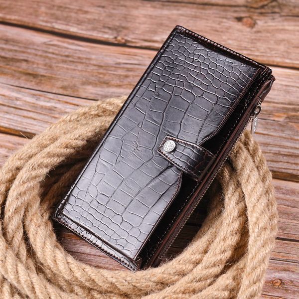 Patented vertical men's wallet made of genuine leather with crocodile embossing KARYA 21424 Brown 21424 фото