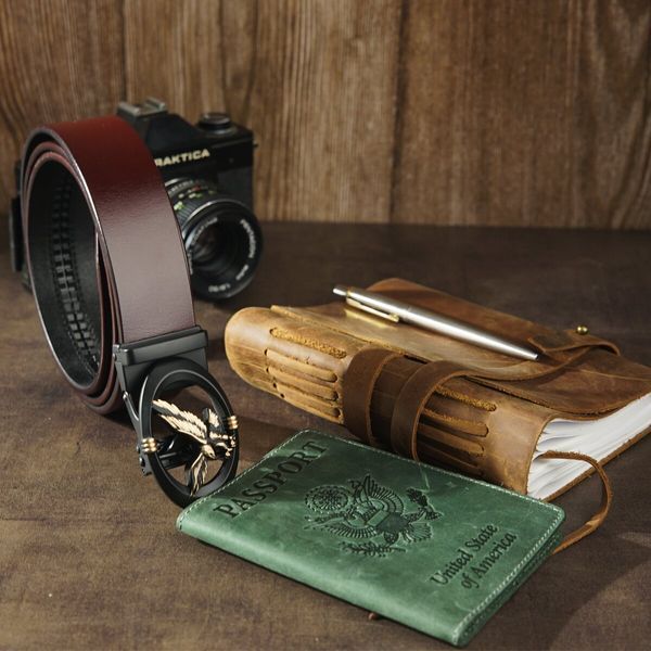 Men's belt with automatic buckle with eagle silhouette Vintage 20298 Brown 20298 фото