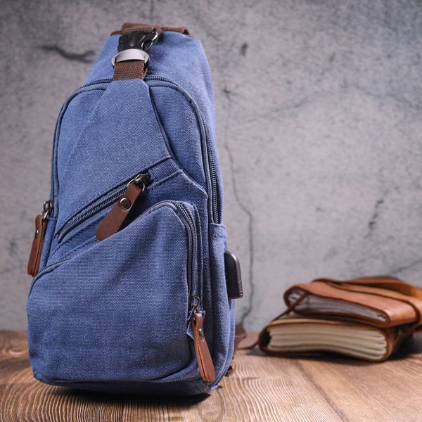 Shoulder bag with USB cable made of thick textile 21224 Vintage Blue 21224 фото